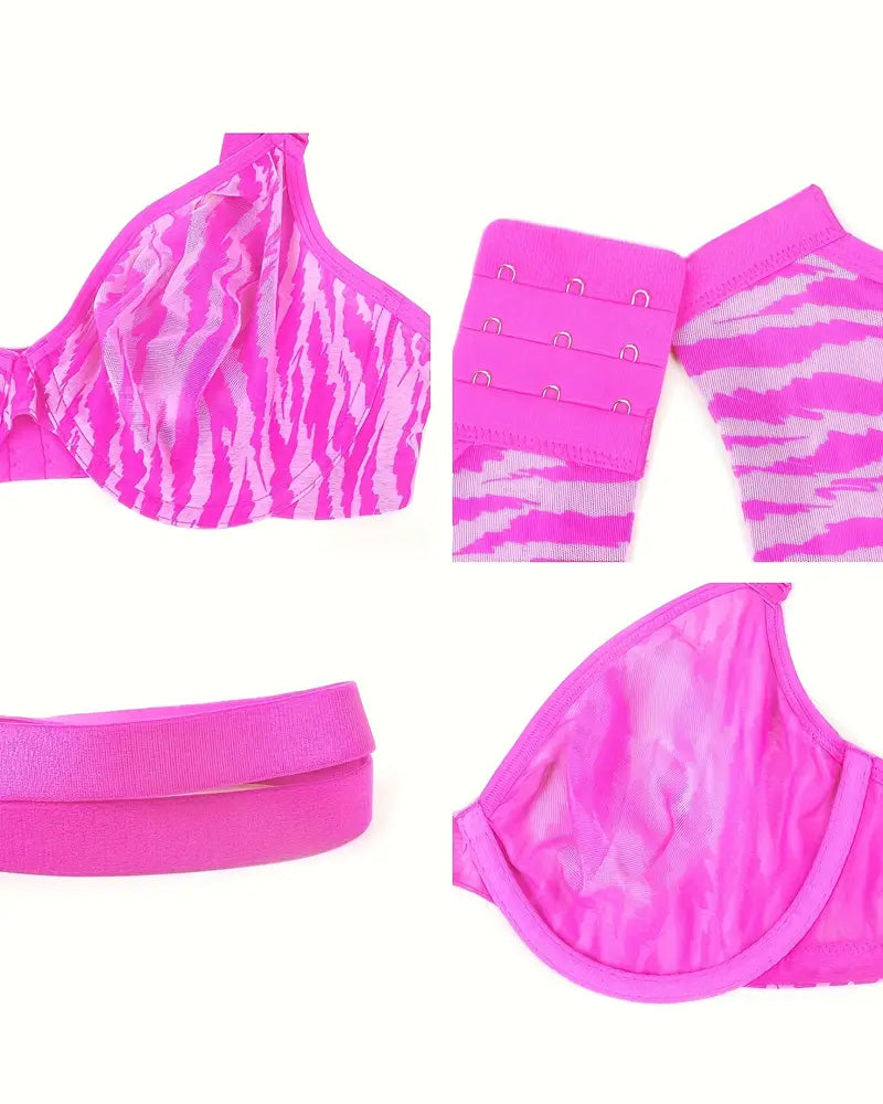 Zebra Print Sheer Mesh Deep V Half Cup Adjustable Wide Strap Bra
