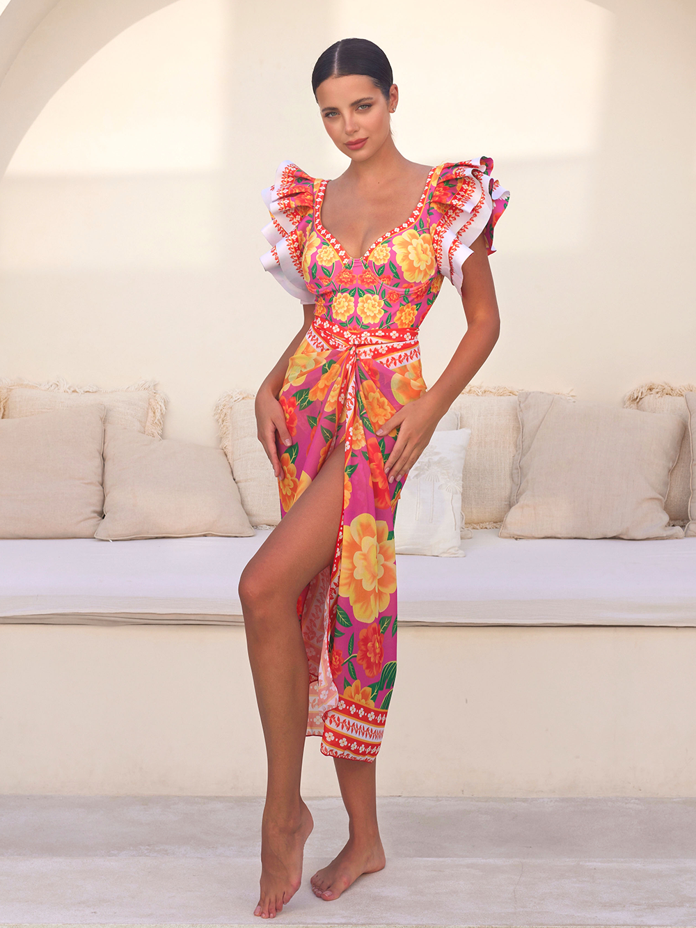 Ruffled Contrast Print One Piece Swimsuit and Sarong