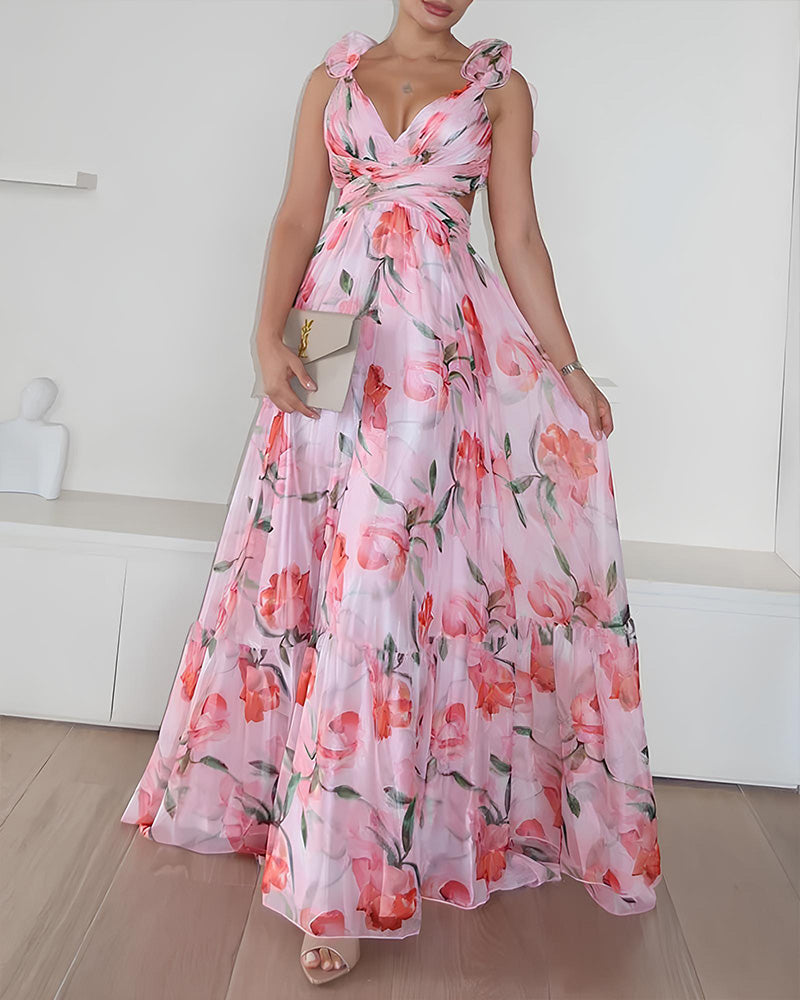 V Neck Halter Back Ruffle Strap Floral Beach Holiday Dress