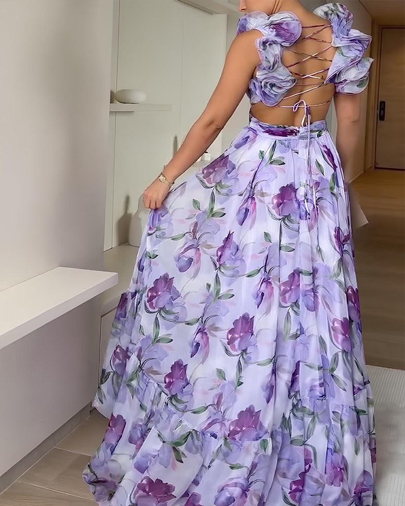 V Neck Halter Back Ruffle Strap Floral Beach Holiday Dress