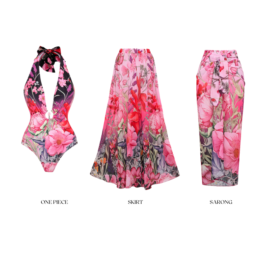Deep V Neck Halter Printed One Piece Swimsuit and Sarong