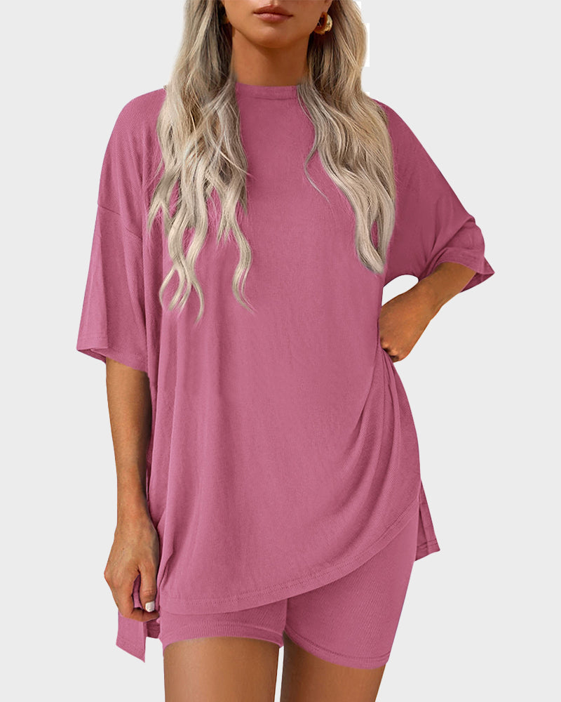 Casual Oversized 2-Piece Lounge Set with Crewneck & Split Hem