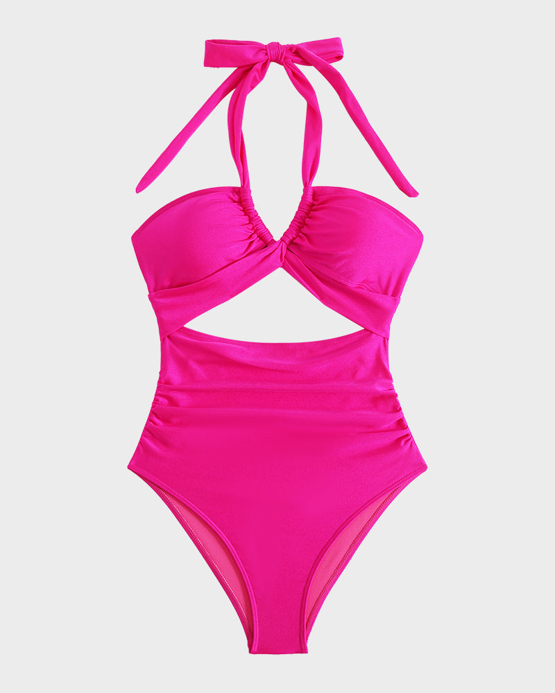 Halter Neck Cut-Out Ruched One Piece Swimsuit