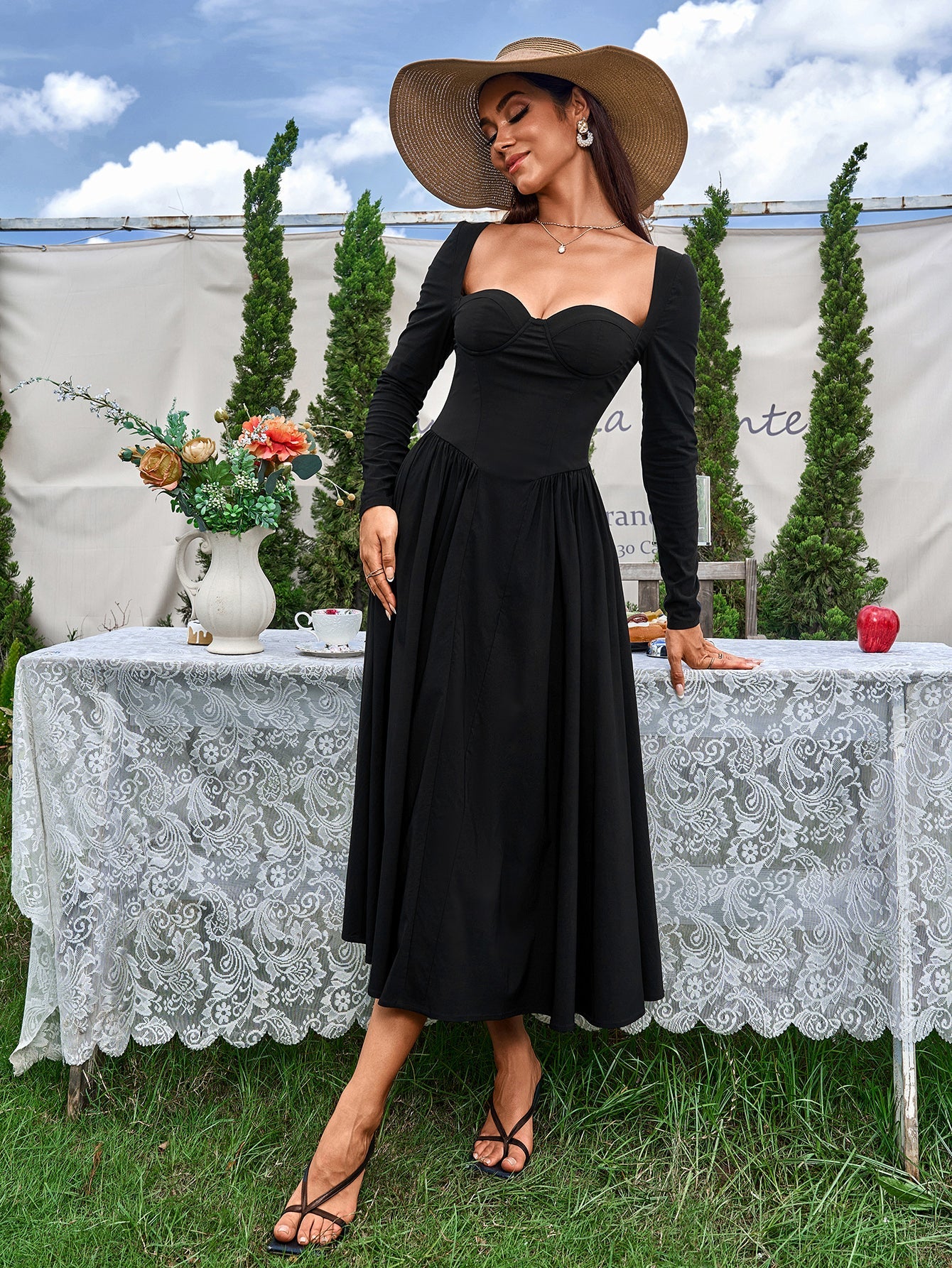 Long Sleeve Tie Back A-Line Dress