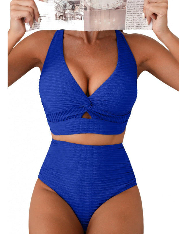 Textured Knot-Front High-Waisted Bikini Set