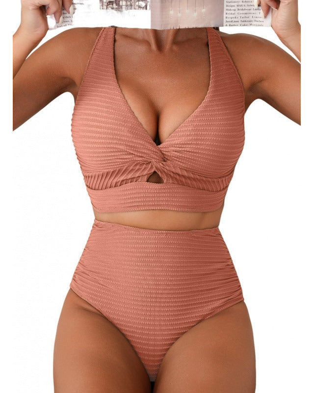 Textured Knot-Front High-Waisted Bikini Set
