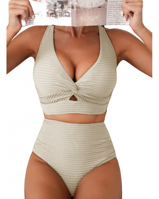 Textured Knot-Front High-Waisted Bikini Set