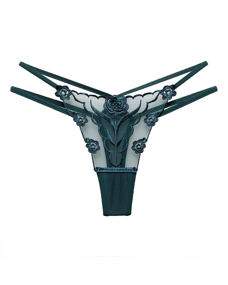 Rose Embroidery Thong Mesh Panties