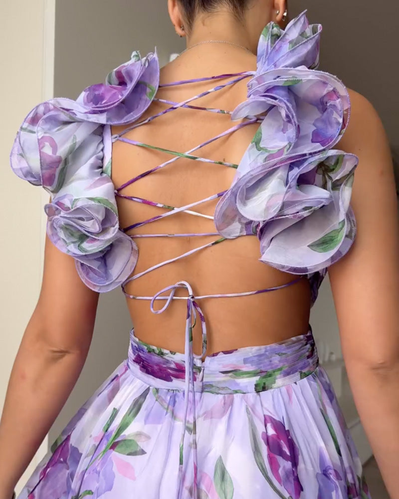 V Neck Halter Back Ruffle Strap Floral Beach Holiday Dress