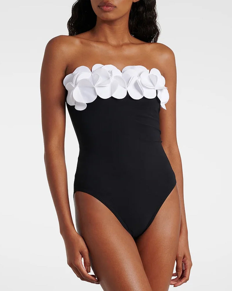 Bandeau 3D Flower One Piece Swimsuit And Skirt