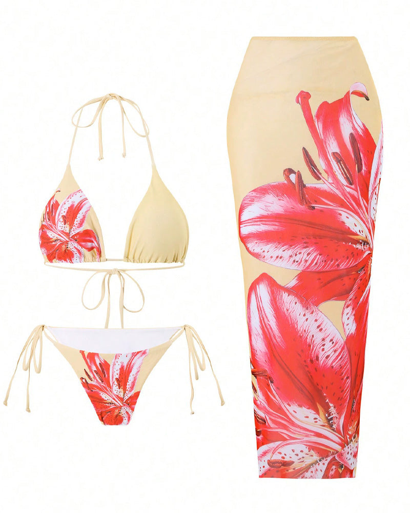 Women's Bikini Sets Floral Print Halter Tie Back Swimsuit with Cover Up Skirt