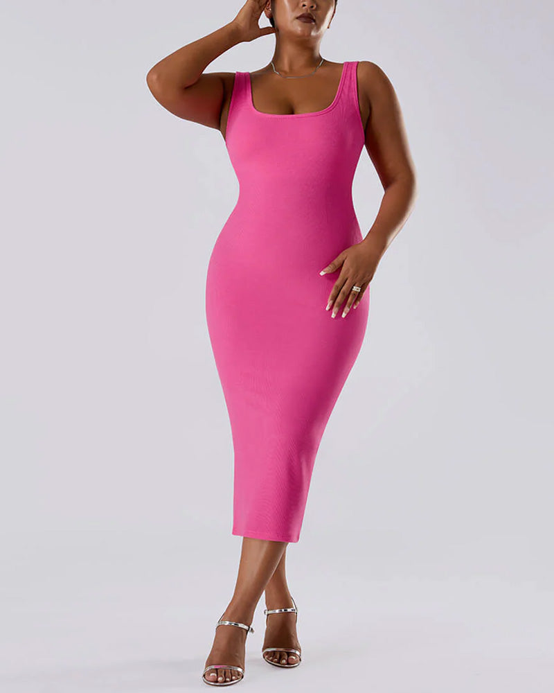 Solid Color Sleeveless Waist and Hip Lifting Long Dress With Built In Shapewear