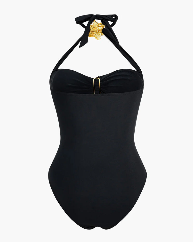 Halterneck Cut Out Swimsuit and Skirt With Flower Hardware Details