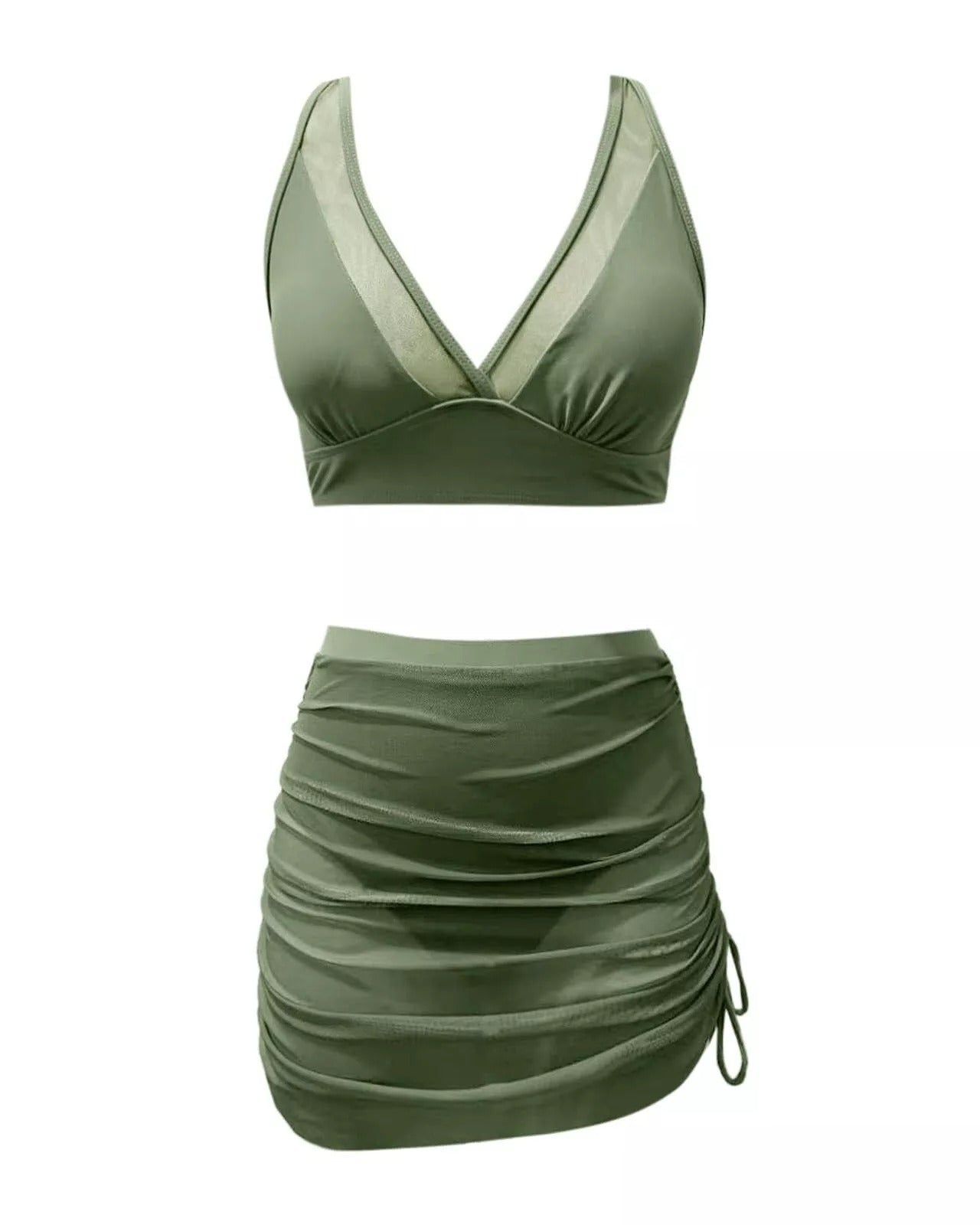 Women's Deep V Tummy Control Shaper Mesh Sheer Sarong Wrap Swimsuit Bikini