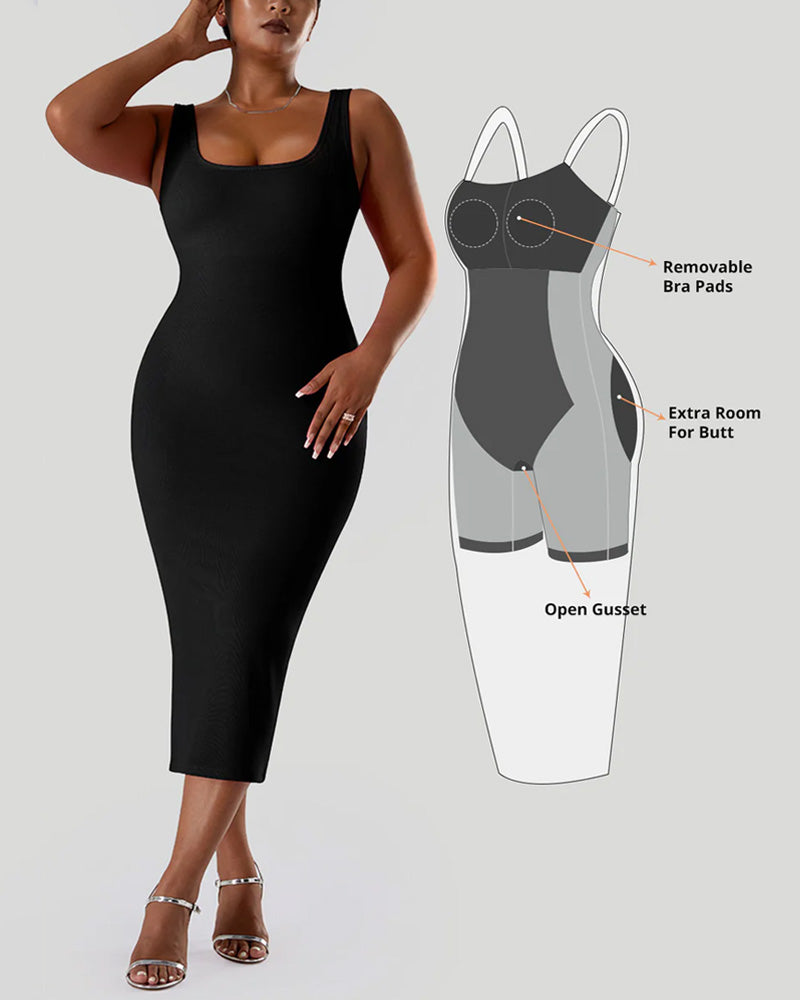 Solid Color Sleeveless Waist and Hip Lifting Long Dress With Built In Shapewear