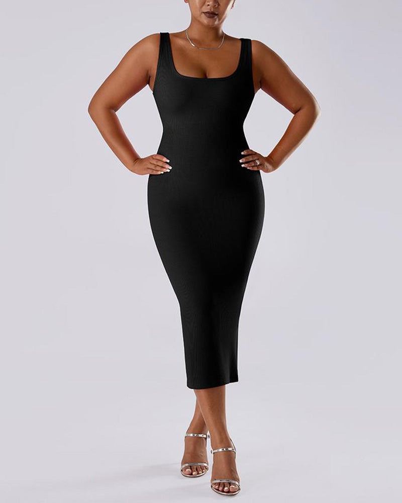 Solid Color Sleeveless Waist and Hip Lifting Long Dress With Built In Shapewear