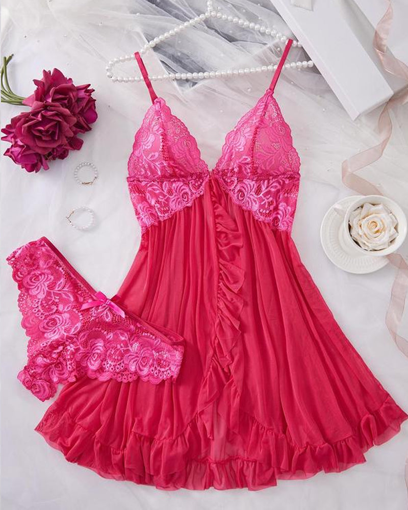 Women's Lace Sexy Ruffle Suspender Nightdress and Panty Set