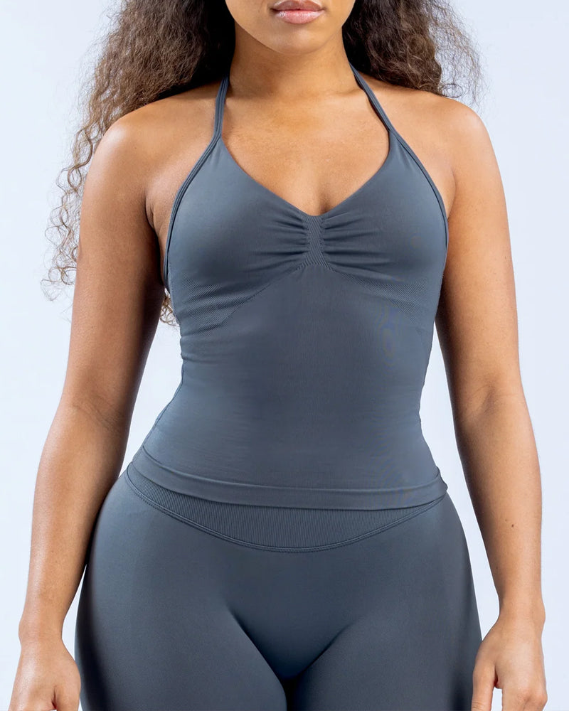 Solid Color Pleated Breathable Backless Top and High Waist Hip-Lifting Shorts Yoga Fitness Set