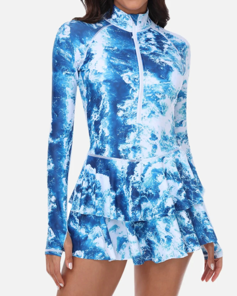 Beach Vacation Print UPF50+ Ruffled Skirt Long Sleeve One-Piece Swimsuit
