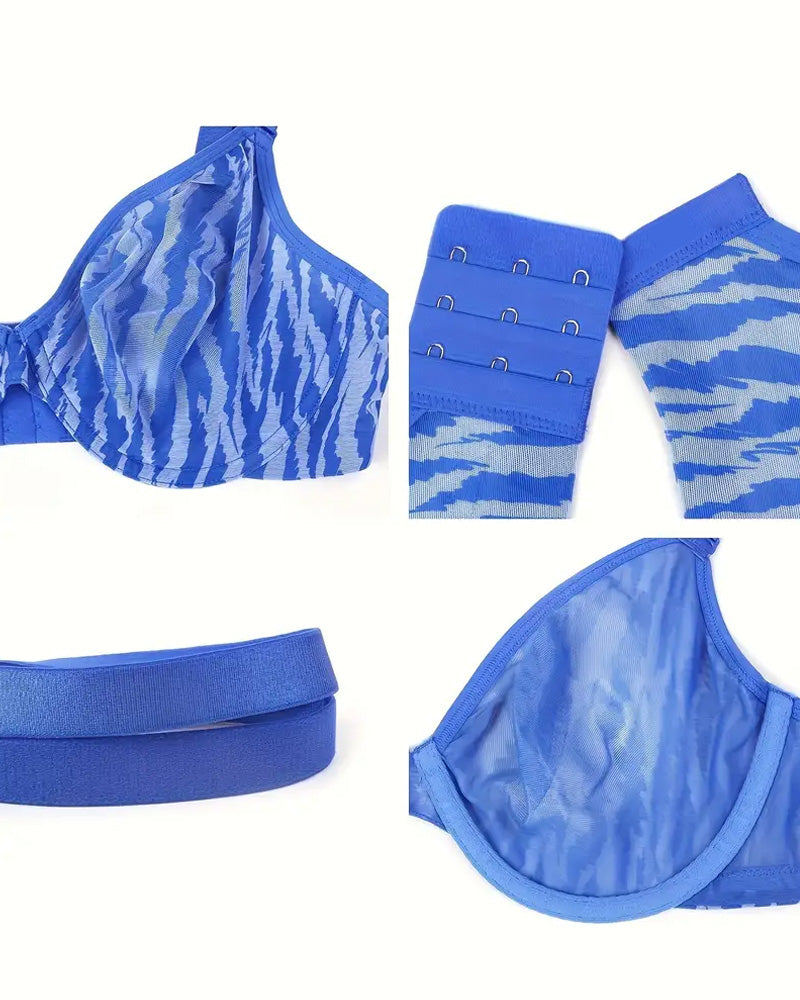 Zebra Print Sheer Mesh Deep V Half Cup Adjustable Wide Strap Bra