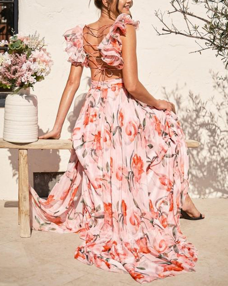 V Neck Halter Back Ruffle Strap Floral Beach Holiday Dress