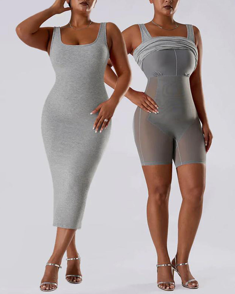 Solid Color Sleeveless Waist and Hip Lifting Long Dress With Built In Shapewear