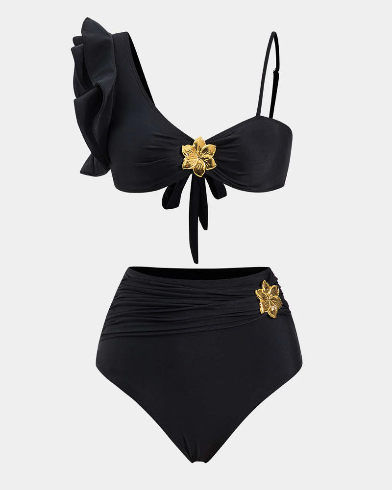 Halterneck Cut Out Swimsuit and Skirt With Flower Hardware Details