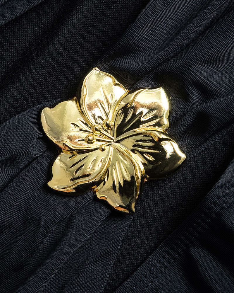 Halterneck Cut Out Swimsuit and Skirt With Flower Hardware Details