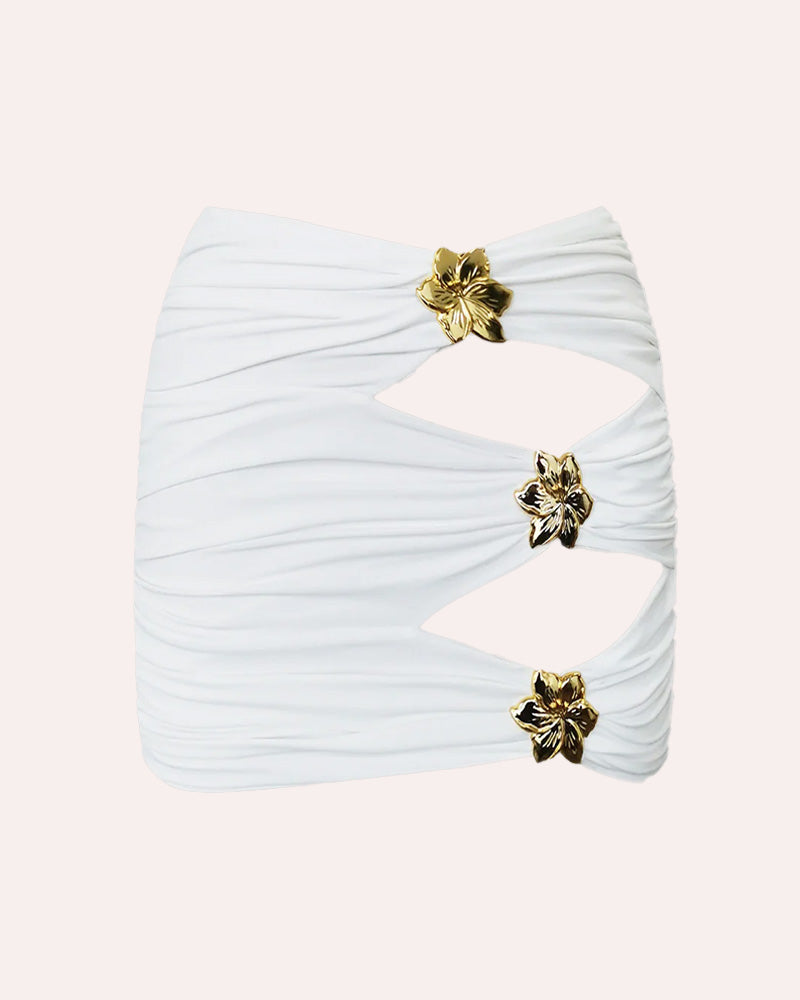 Halterneck Cut Out Swimsuit and Skirt With Flower Hardware Details