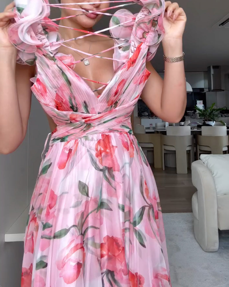 V Neck Halter Back Ruffle Strap Floral Beach Holiday Dress