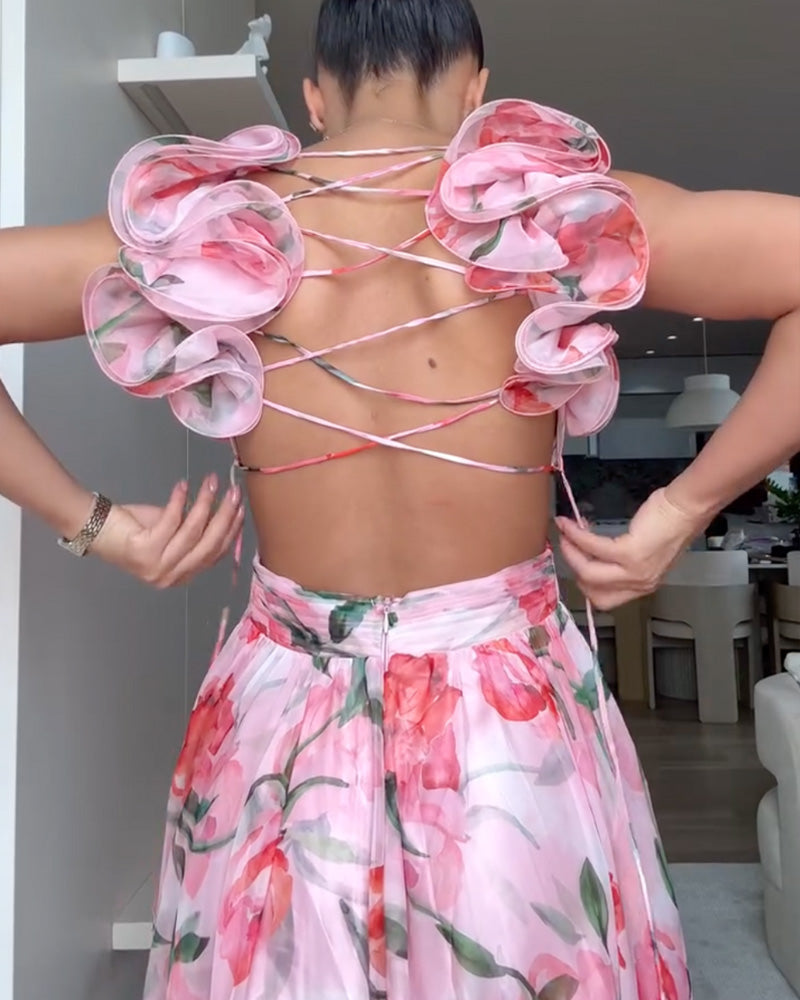 V Neck Halter Back Ruffle Strap Floral Beach Holiday Dress