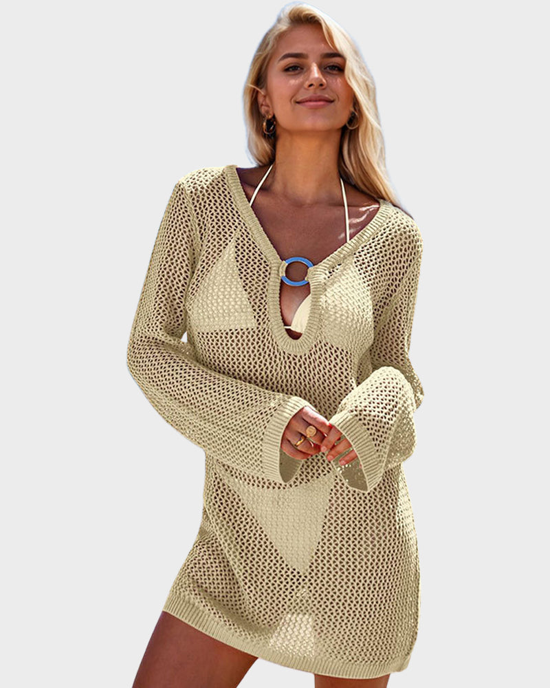 Deep Plunge Long Sleeve Beach Crochet Cover Up Dress