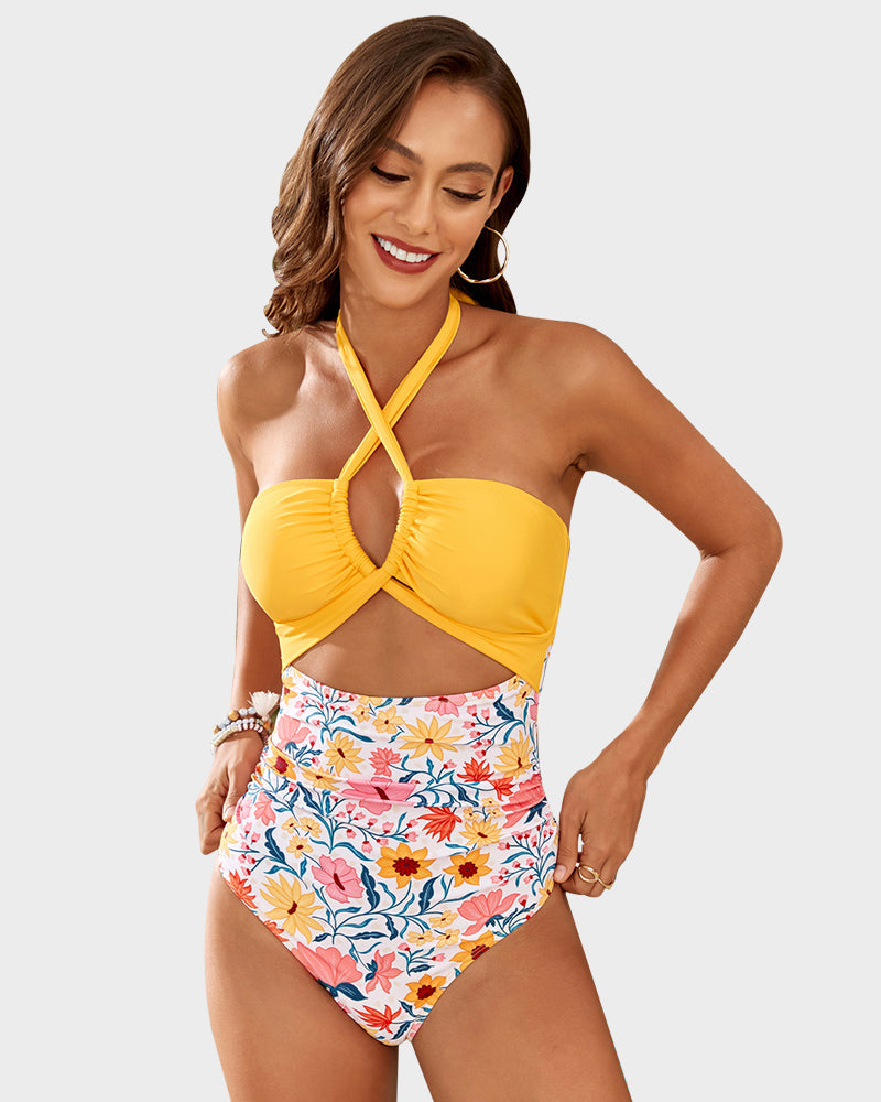 Halter Neck Cut-Out Ruched One Piece Swimsuit