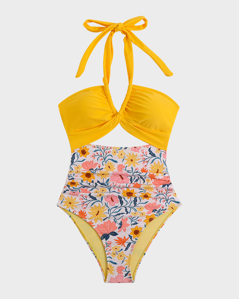 Halter Neck Cut-Out Ruched One Piece Swimsuit