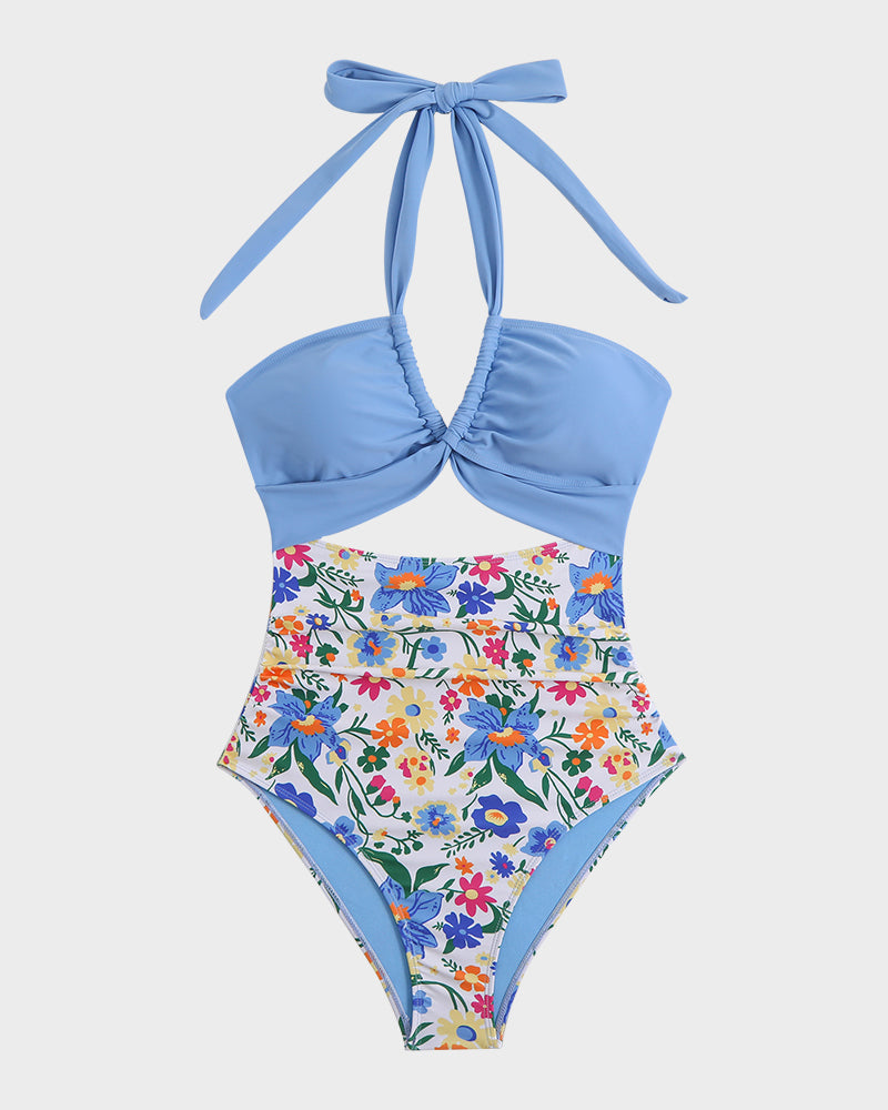 Halter Neck Cut-Out Ruched One Piece Swimsuit