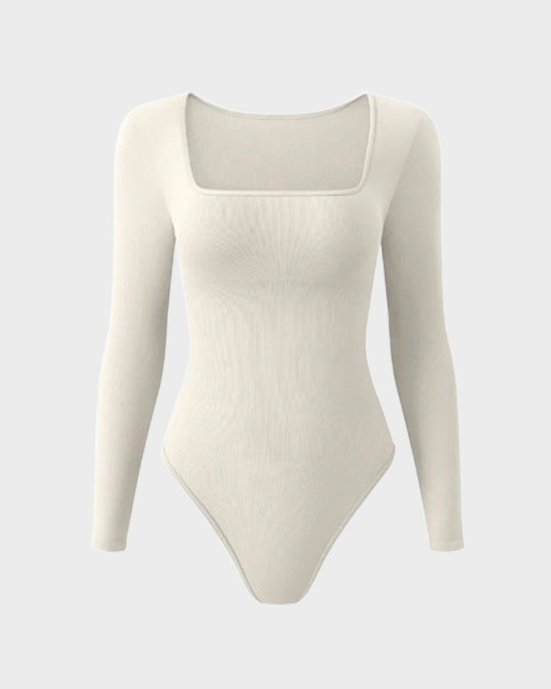 Floralshe® Ribbed Square Neck Long Sleeve Bodysuit