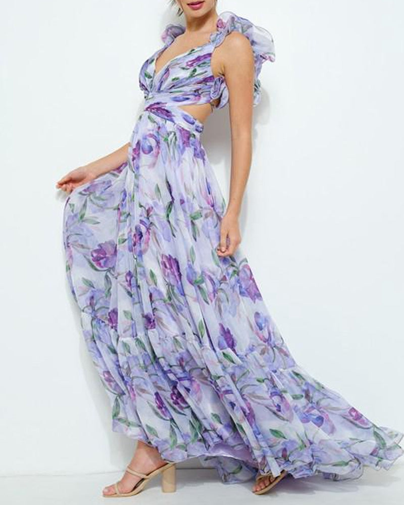 V Neck Halter Back Ruffle Strap Floral Beach Holiday Dress