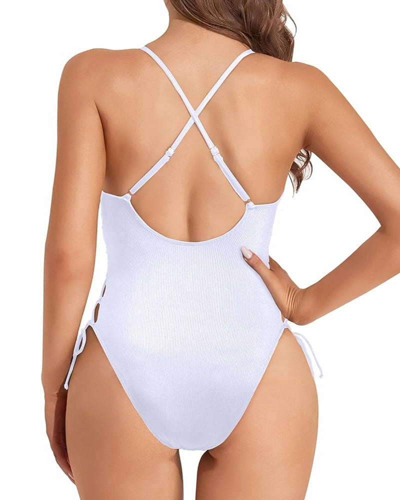 Women's Sexy Backless Deep V-Neck Cross Strap Solid Color One-Piece Swimsuit
