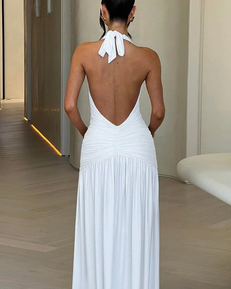 Deep V Neck Backless Ruched Split Thigh White Halter Vacation Dress