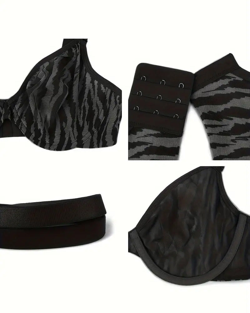 Zebra Print Sheer Mesh Deep V Half Cup Adjustable Wide Strap Bra