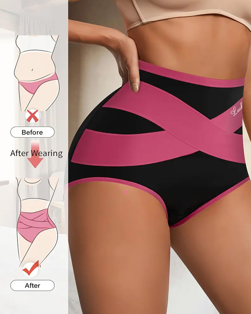 Milk Silk Cross Bandage Contrast Color High Waist Hip Lift Tummy Control Briefs