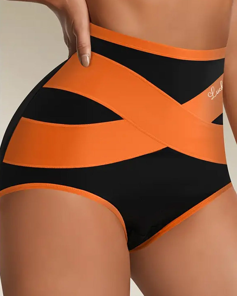 Milk Silk Cross Bandage Contrast Color High Waist Hip Lift Tummy Control Briefs