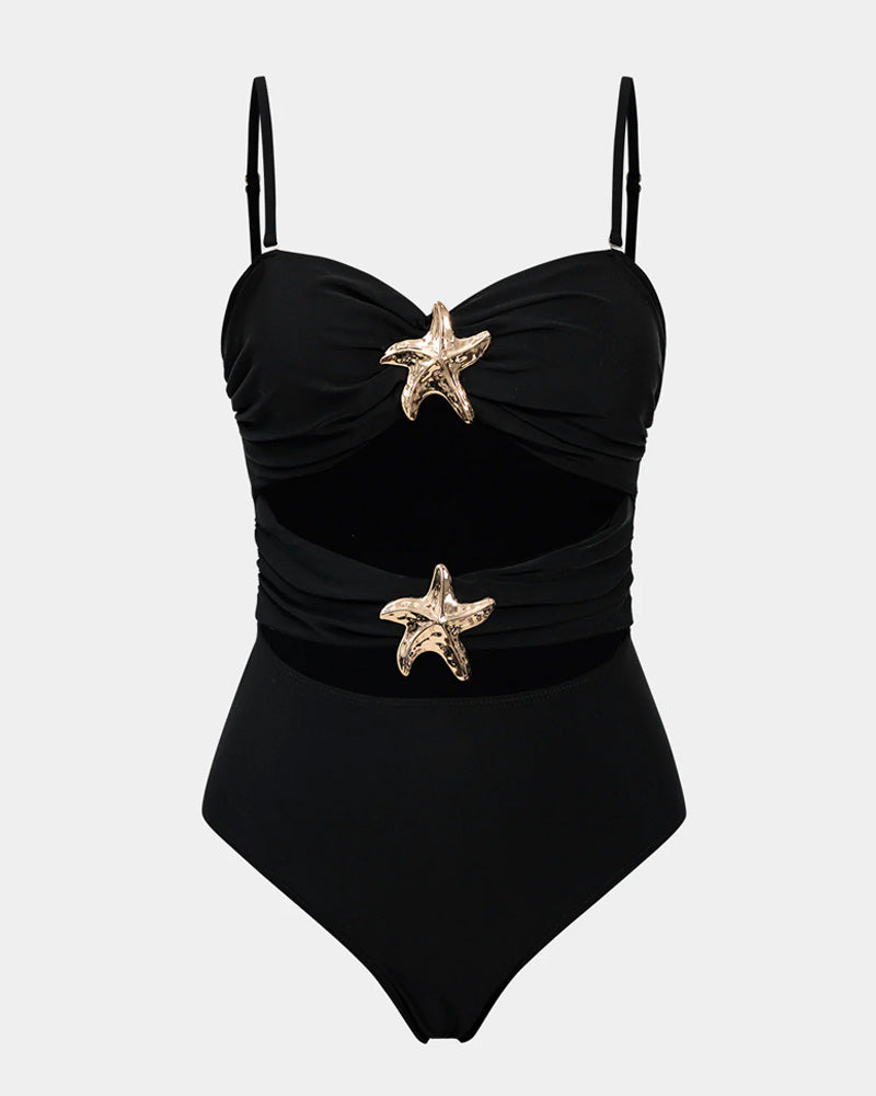 Halterneck Cut Out Swimsuit and Skirt With Flower Hardware Details