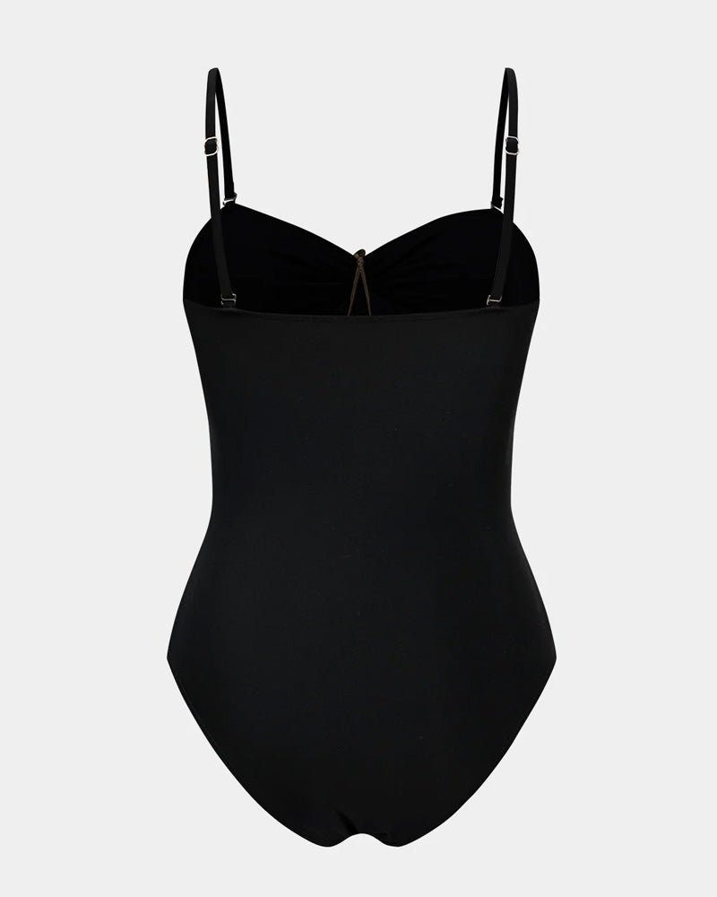 Halterneck Cut Out Swimsuit and Skirt With Flower Hardware Details
