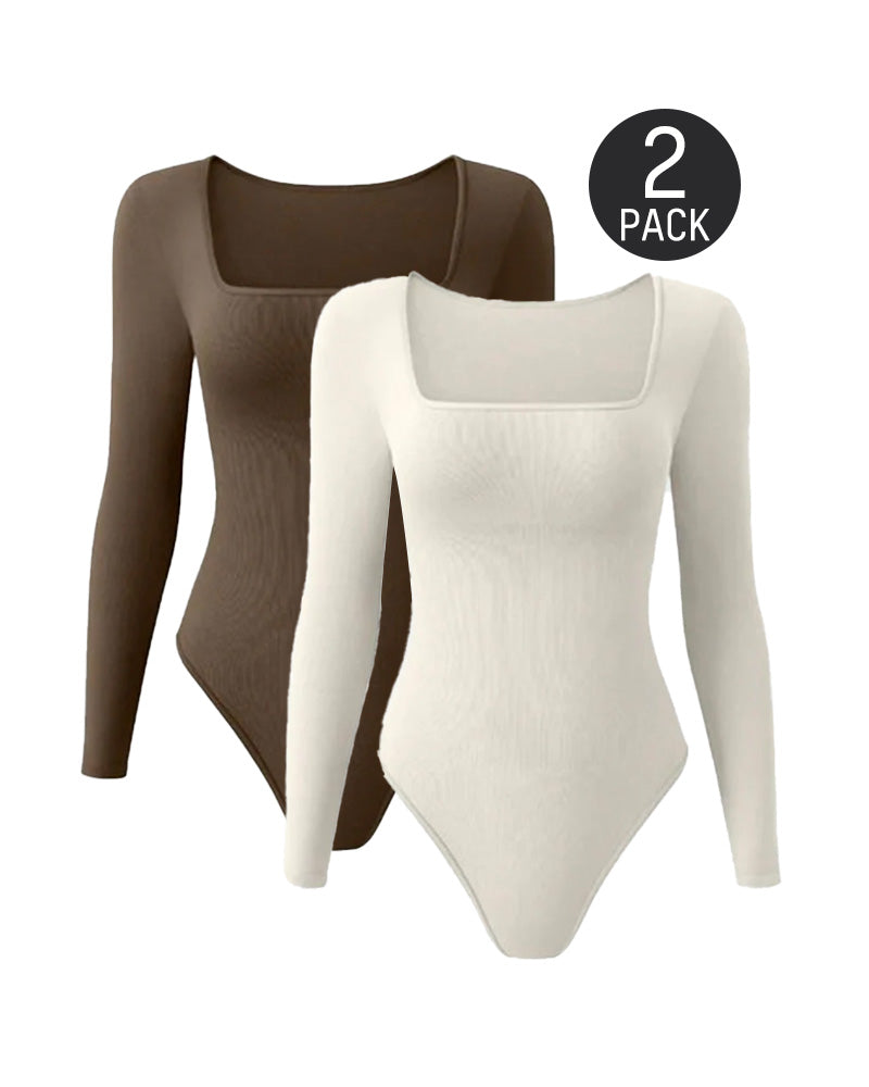 Floralshe® Ribbed Square Neck Long Sleeve Bodysuit
