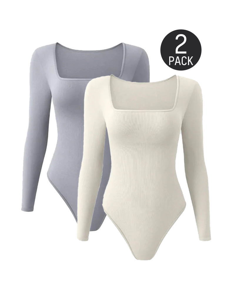 Floralshe® Ribbed Square Neck Long Sleeve Bodysuit