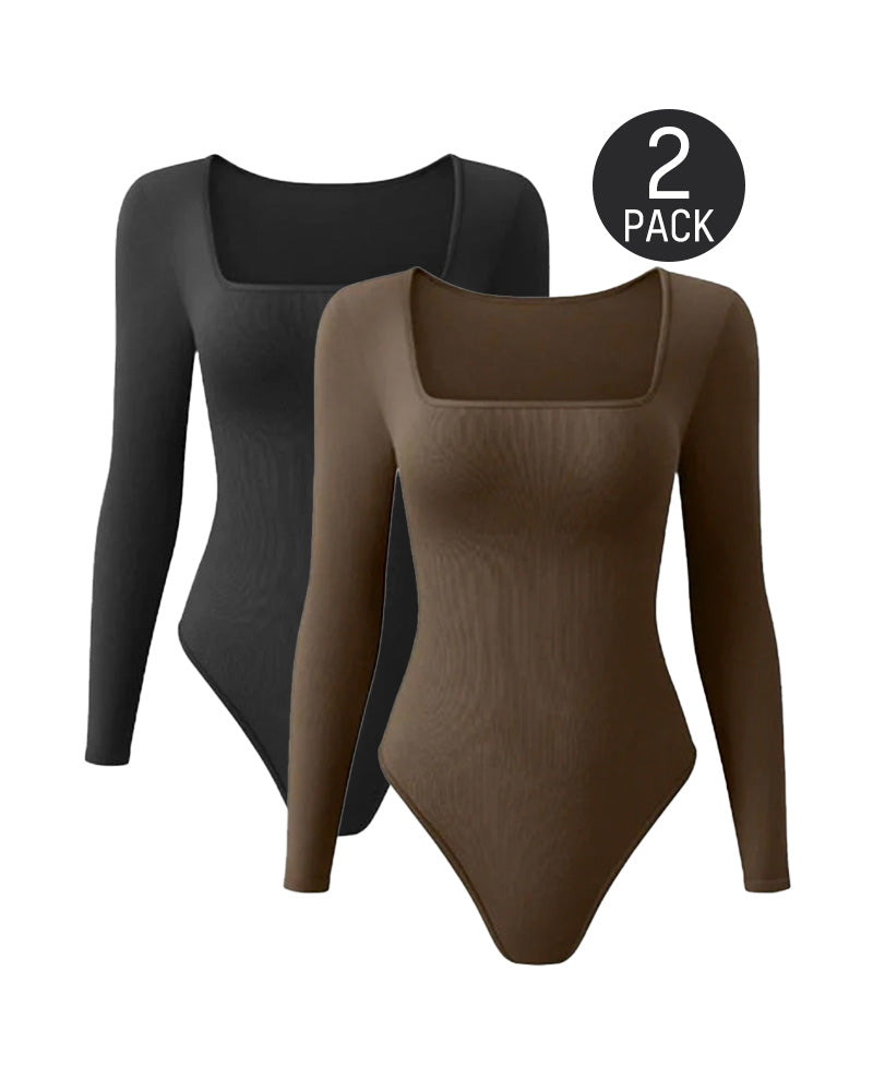Floralshe® Ribbed Square Neck Long Sleeve Bodysuit