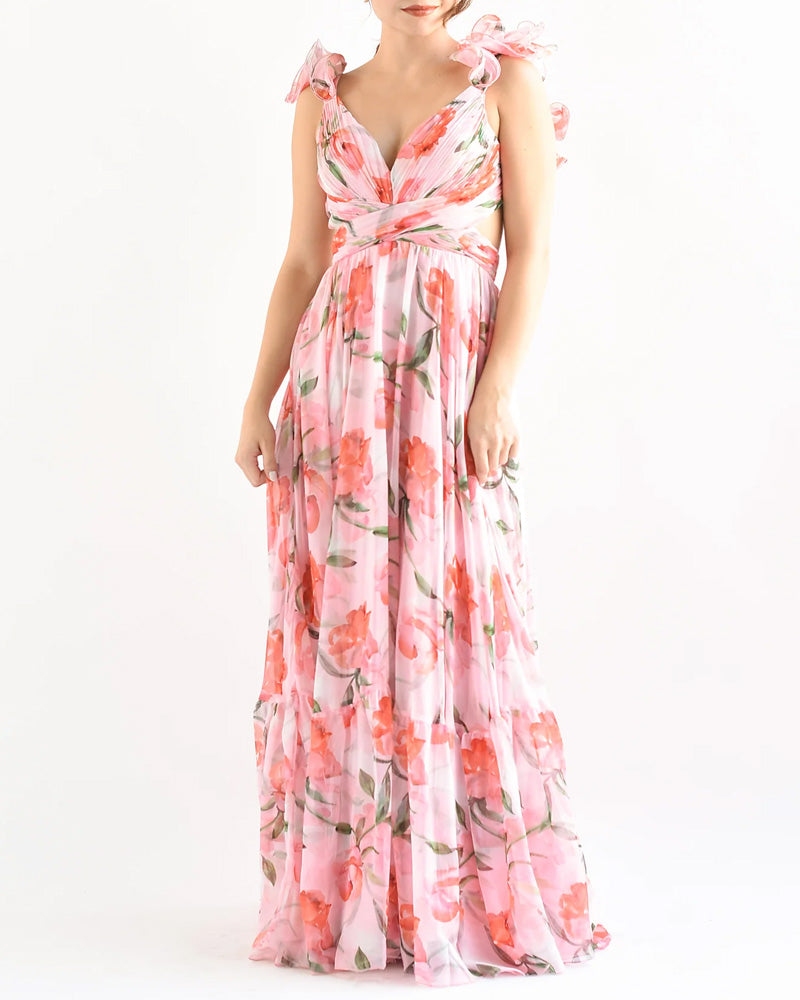 V Neck Halter Back Ruffle Strap Floral Beach Holiday Dress