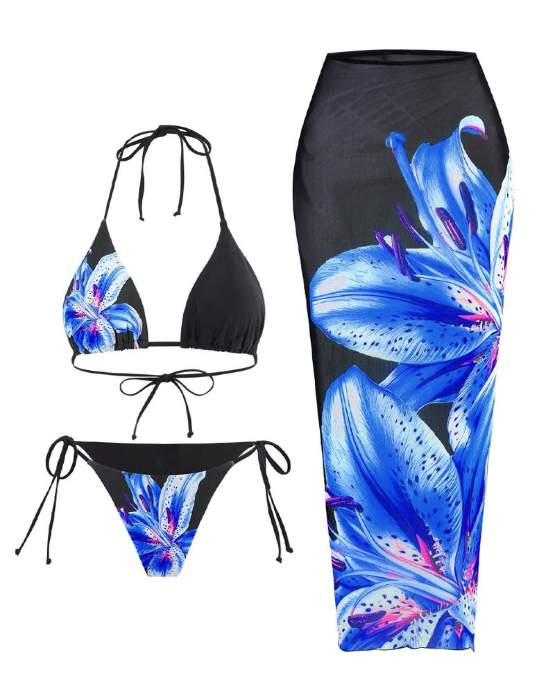 Women's Bikini Sets Floral Print Halter Tie Back Swimsuit with Cover Up Skirt
