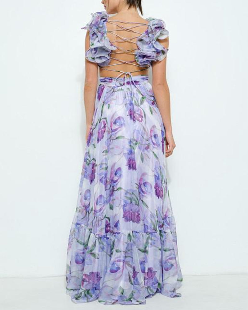 V Neck Halter Back Ruffle Strap Floral Beach Holiday Dress